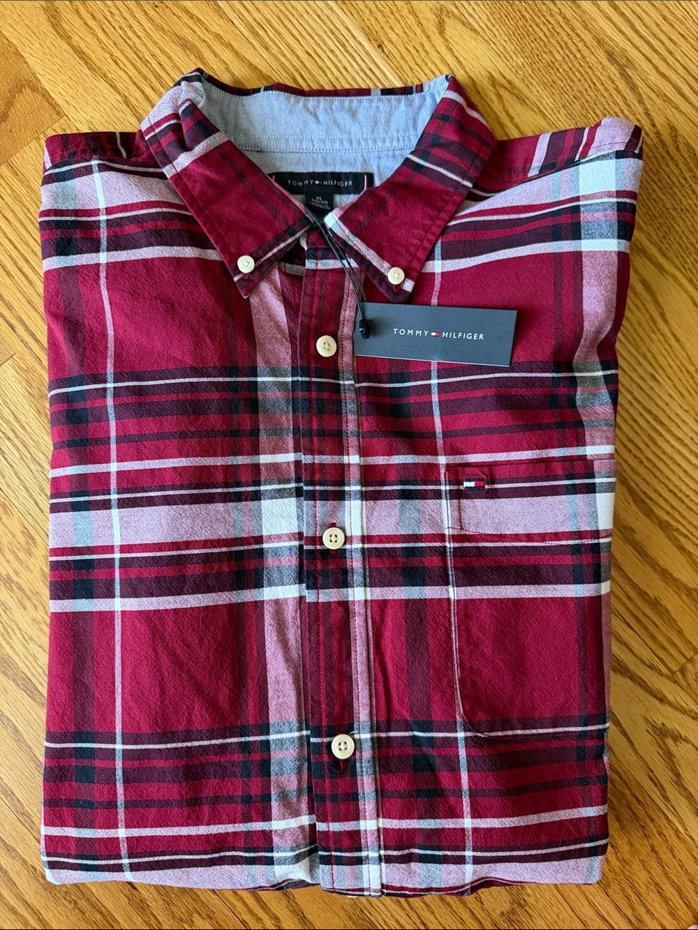 NWT! Tommy Hilfiger Men's Burgundy and White Plaid Button-Down Shirt XL